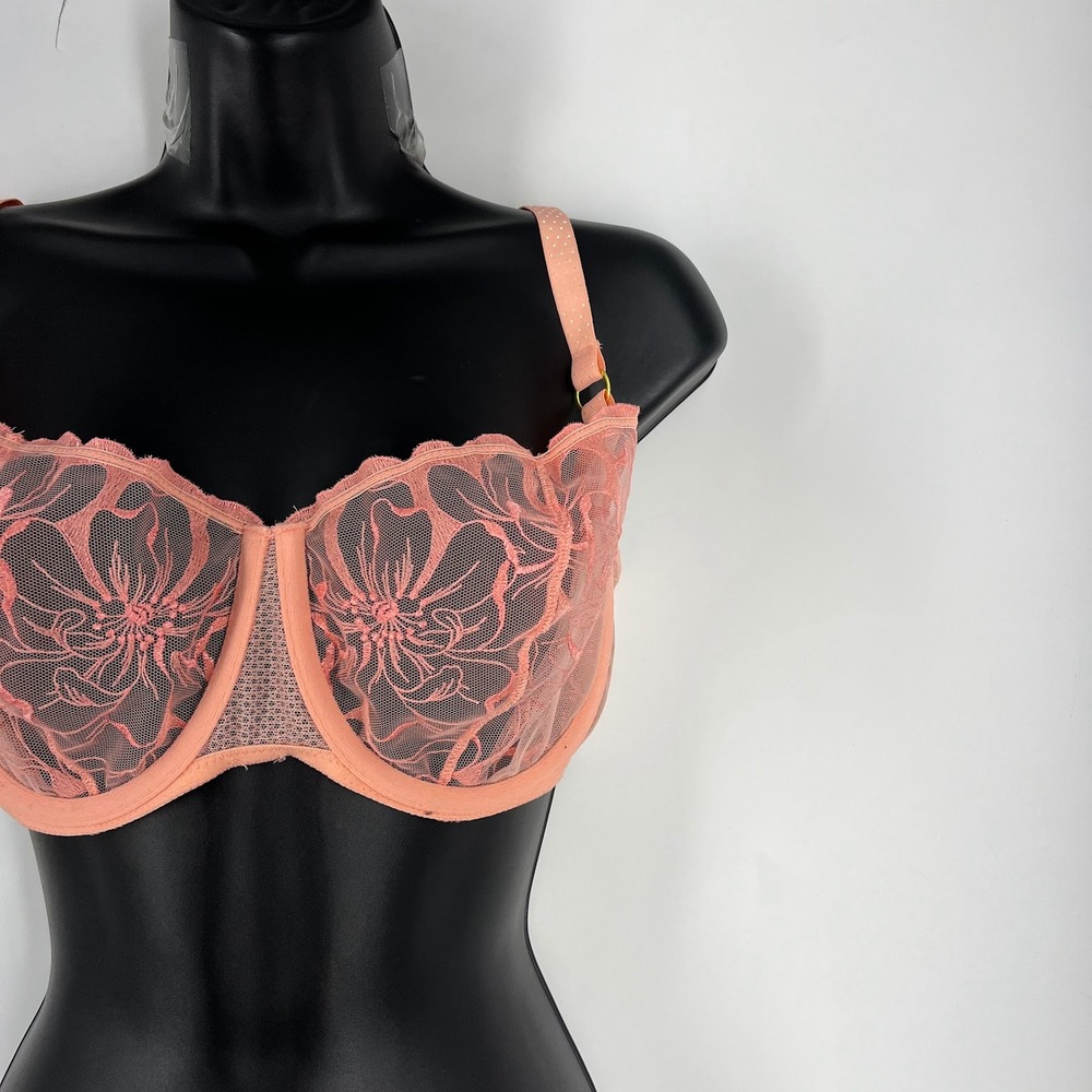 Simone Perele Peach Floral Embroidered Sheer Mesh Underwire Balconette Bra - Picture 5 of 14